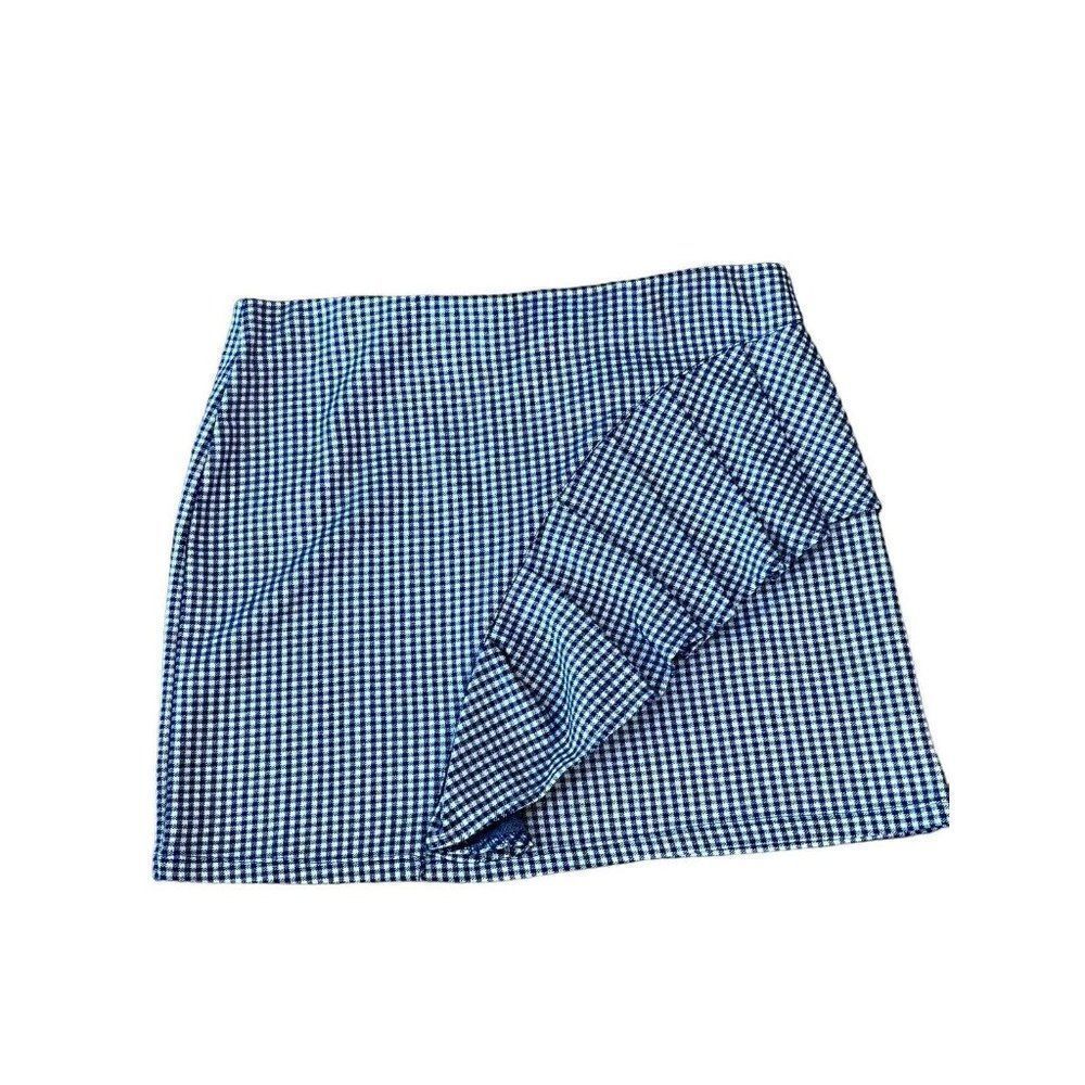 Size 10 Blue White Gingham Checkered Ruffle Short Skirt Elastic Waist NWT